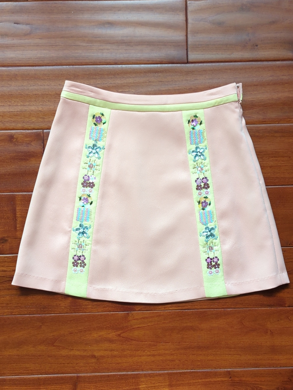 Lyn Around Embroidered Beaded Peach Pink Mini Skirt with Yellow Trim
